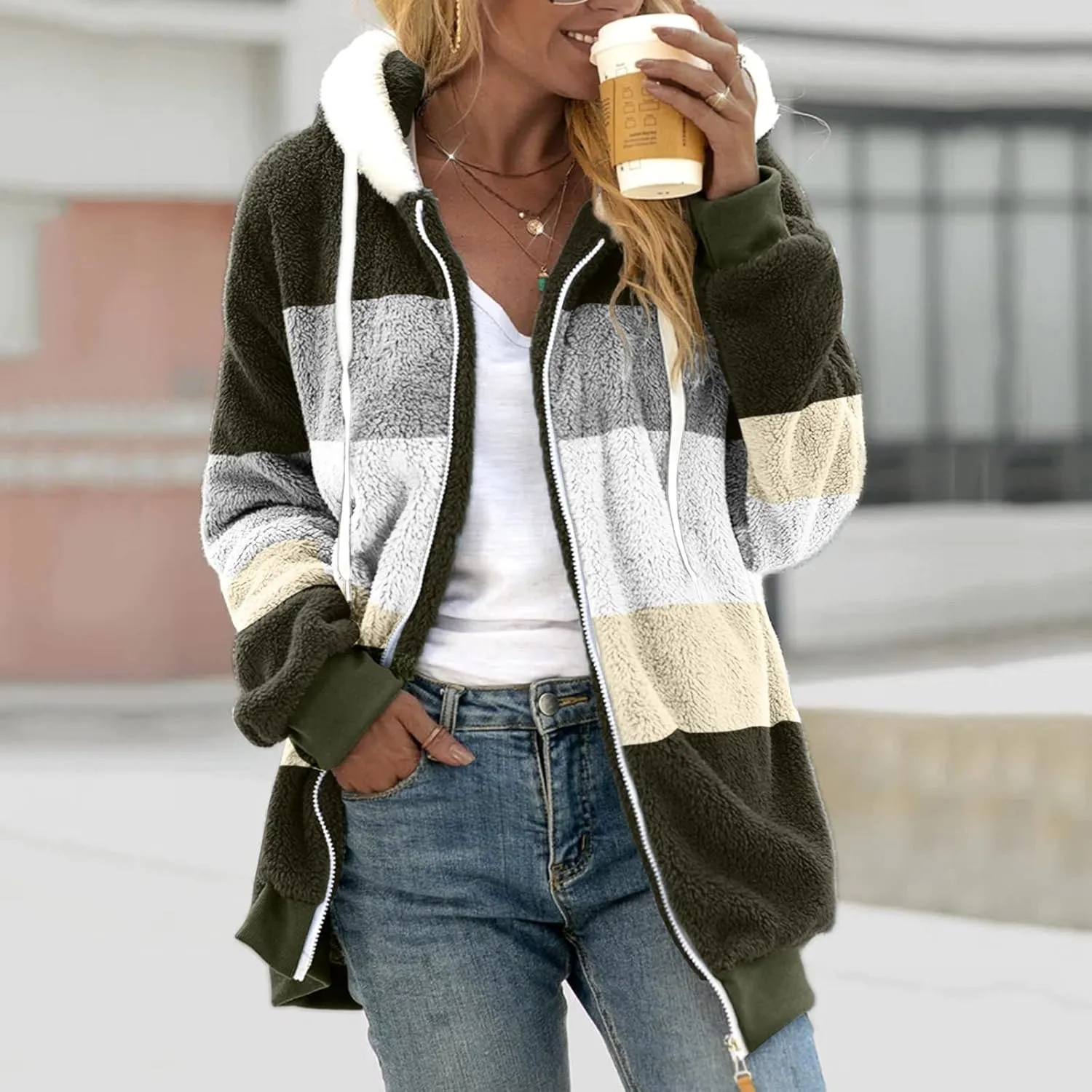 Womens Fuzzy Fleece Jacket Solid Color Artificial Wool Zipper Drawstring Long-Sleeved Hoodie Outerwear with Ladies