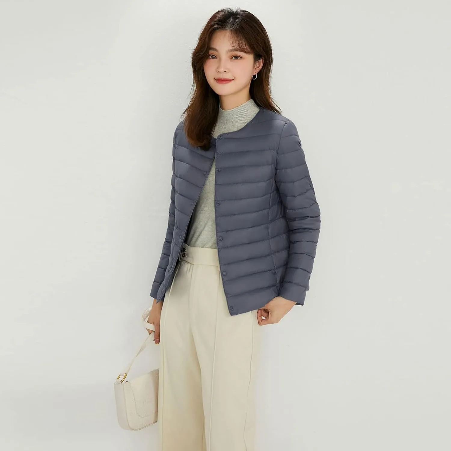 Womens Lightweight Down Jacket Fashion Simple Solid Color Loose Fit Puffer Coat Winter Casual V Neck Button Thermal Outwear