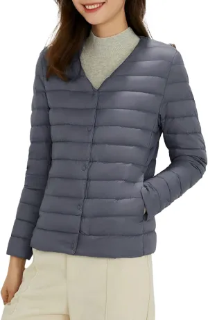 Womens Lightweight Down Jacket Fashion Simple Solid Color Loose Fit Puffer Coat Winter Casual V Neck Button Thermal Outwear
