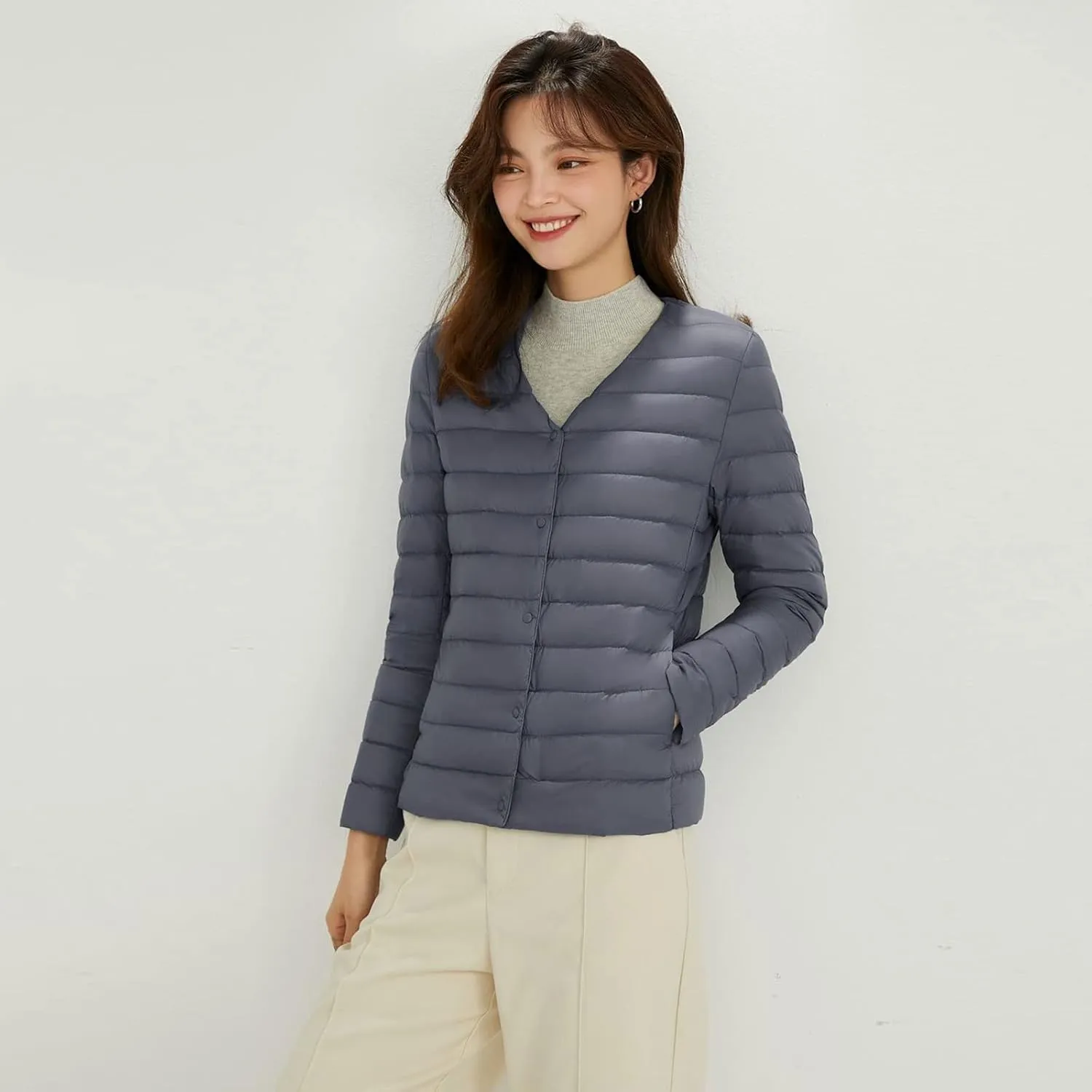 Womens Lightweight Down Jacket Fashion Simple Solid Color Loose Fit Puffer Coat Winter Casual V Neck Button Thermal Outwear