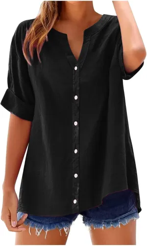 Womens Linen Button Down Shirts Short Sleeve Oversized Boyfriend Solid Tunic Tops Casual Dressy Tunics