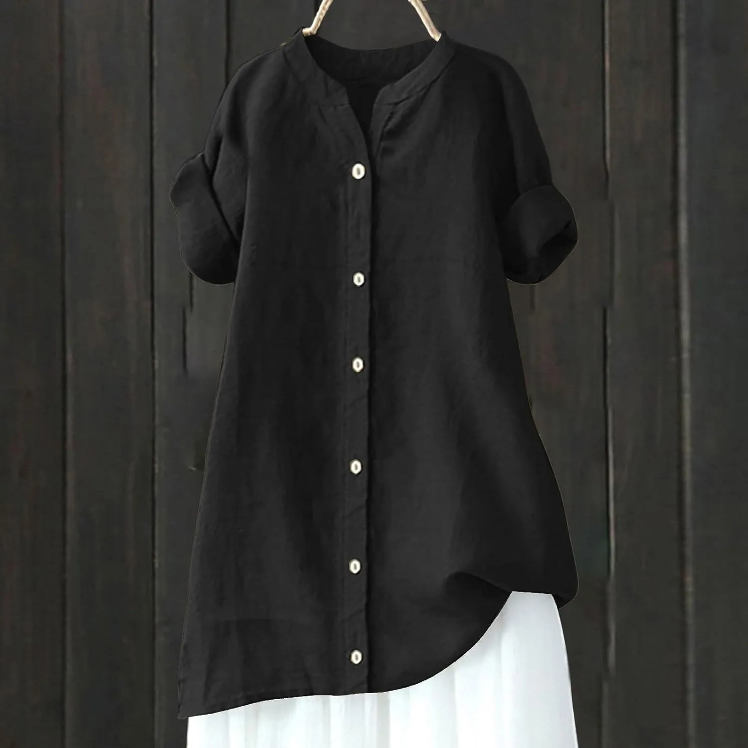Womens Linen Button Down Shirts Short Sleeve Oversized Boyfriend Solid Tunic Tops Casual Dressy Tunics