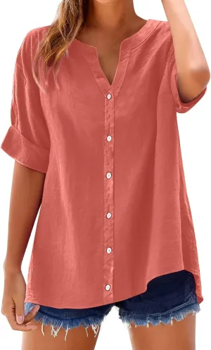 Womens Linen Button Down Shirts Short Sleeve Oversized Boyfriend Solid Tunic Tops Casual Dressy Tunics