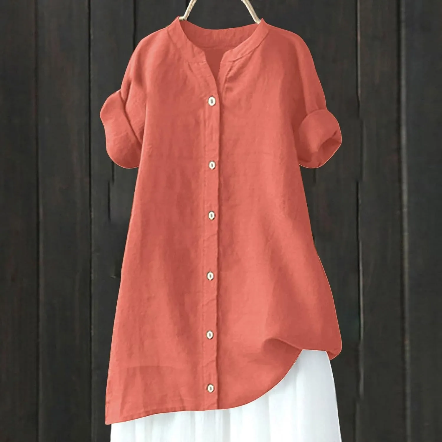 Womens Linen Button Down Shirts Short Sleeve Oversized Boyfriend Solid Tunic Tops Casual Dressy Tunics