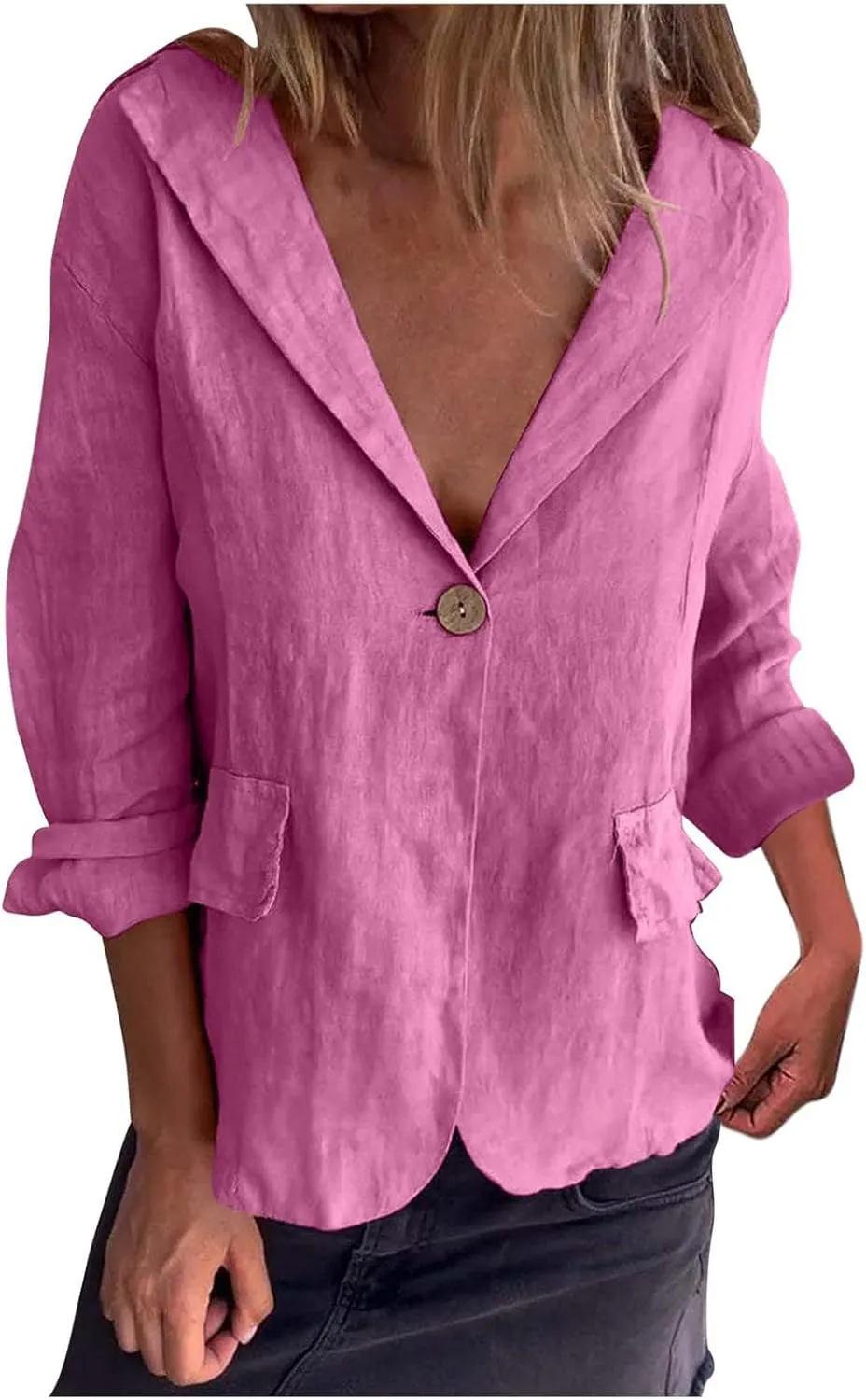 Womens Linen Cotton Blazer Office 3/4 Sleeve Cardigan Business Button Suit Jacket Casual Lightweight Work Suits Coat