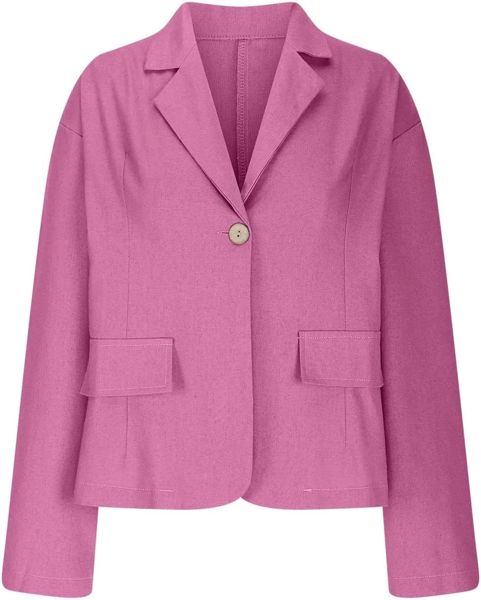 Womens Linen Cotton Blazer Office 3/4 Sleeve Cardigan Business Button Suit Jacket Casual Lightweight Work Suits Coat