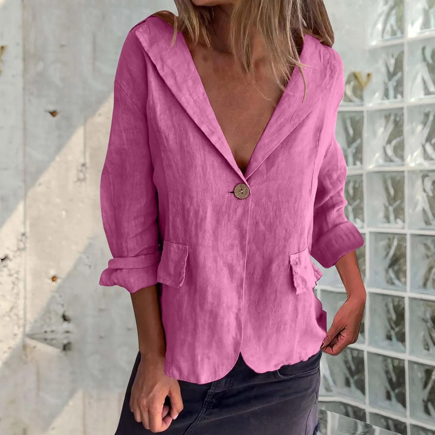 Womens Linen Cotton Blazer Office 3/4 Sleeve Cardigan Business Button Suit Jacket Casual Lightweight Work Suits Coat