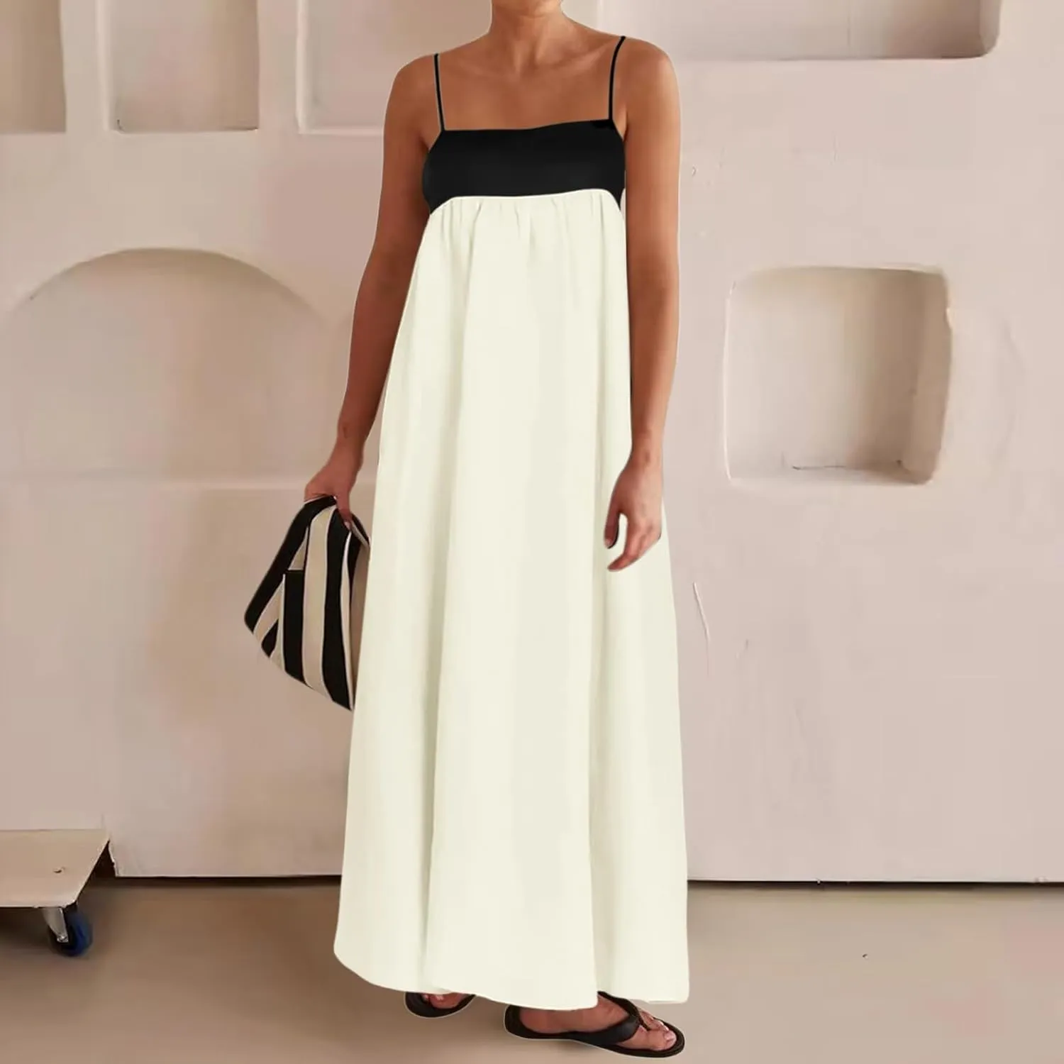 Womens Linen Maxi Dress Travel Vacation Contrast Trim Spaghetti Straps Summer Outfits Sleeveless Long Dresses