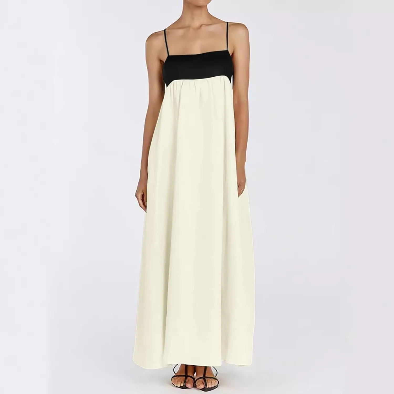 Womens Linen Maxi Dress Travel Vacation Contrast Trim Spaghetti Straps Summer Outfits Sleeveless Long Dresses