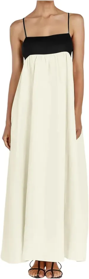 Womens Linen Maxi Dress Travel Vacation Contrast Trim Spaghetti Straps Summer Outfits Sleeveless Long Dresses