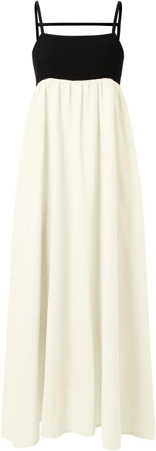Womens Linen Maxi Dress Travel Vacation Contrast Trim Spaghetti Straps Summer Outfits Sleeveless Long Dresses