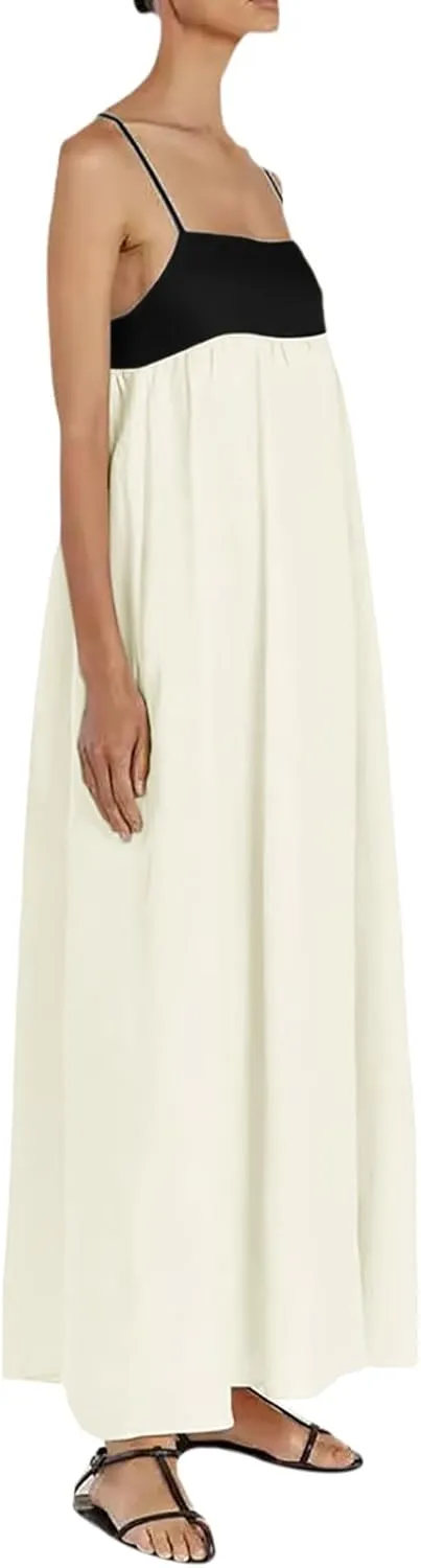 Womens Linen Maxi Dress Travel Vacation Contrast Trim Spaghetti Straps Summer Outfits Sleeveless Long Dresses