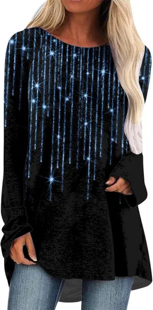 Womens Long Sleeve Tops Casual Plus Size Pullover Sequin Tunic Tops Flowy Parkly Printed Evening Party T Shirt Blouse