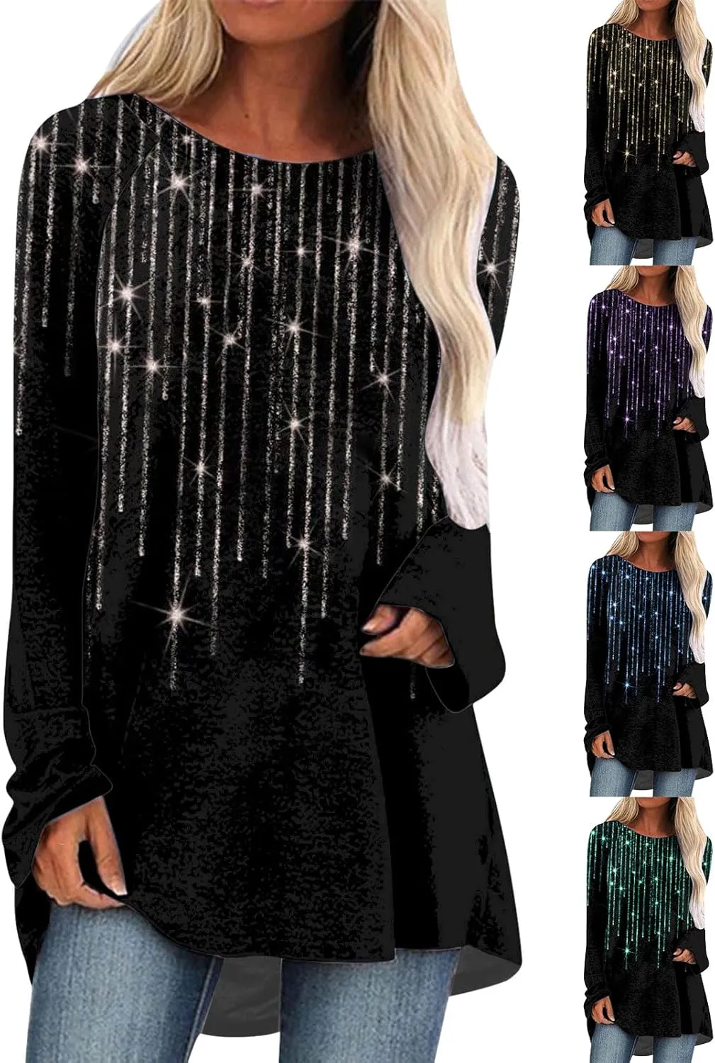 Womens Long Sleeve Tops Casual Plus Size Pullover Sequin Tunic Tops Flowy Parkly Printed Evening Party T Shirt Blouse