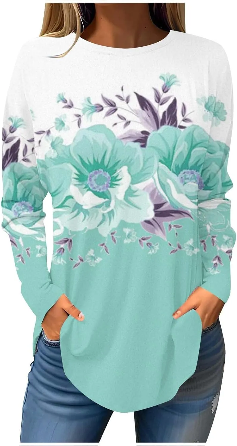 Womens Long Sleeve Tunic Tops Dressy Casual Floral Printed Pullover T Shirt Cute Crewneck Loose Fit Tshirts Blouse