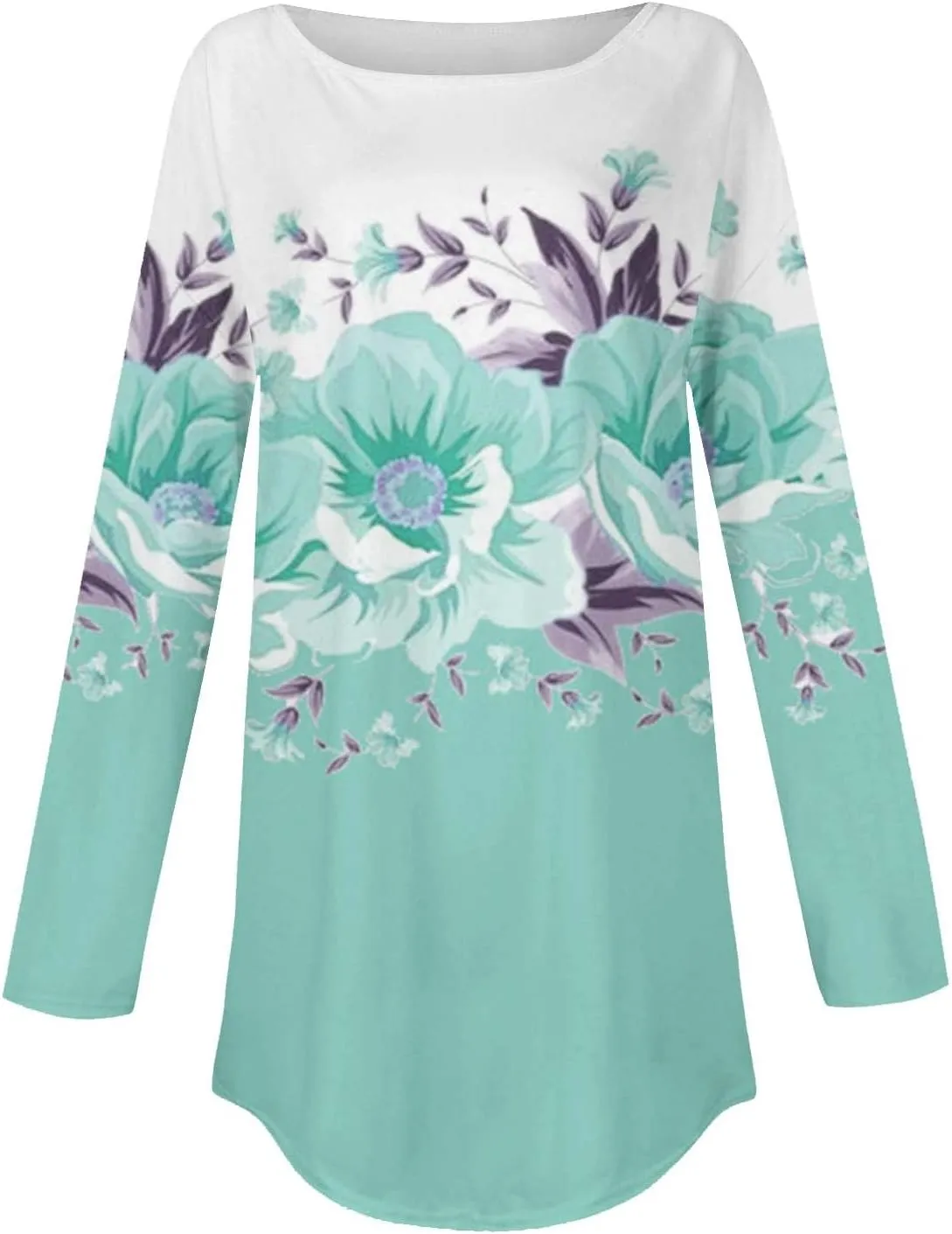 Womens Long Sleeve Tunic Tops Dressy Casual Floral Printed Pullover T Shirt Cute Crewneck Loose Fit Tshirts Blouse
