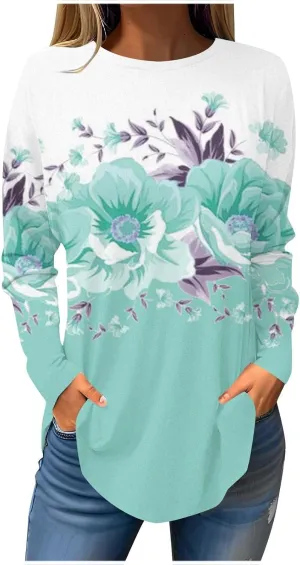 Womens Long Sleeve Tunic Tops Dressy Casual Floral Printed Pullover T Shirt Cute Crewneck Loose Fit Tshirts Blouse
