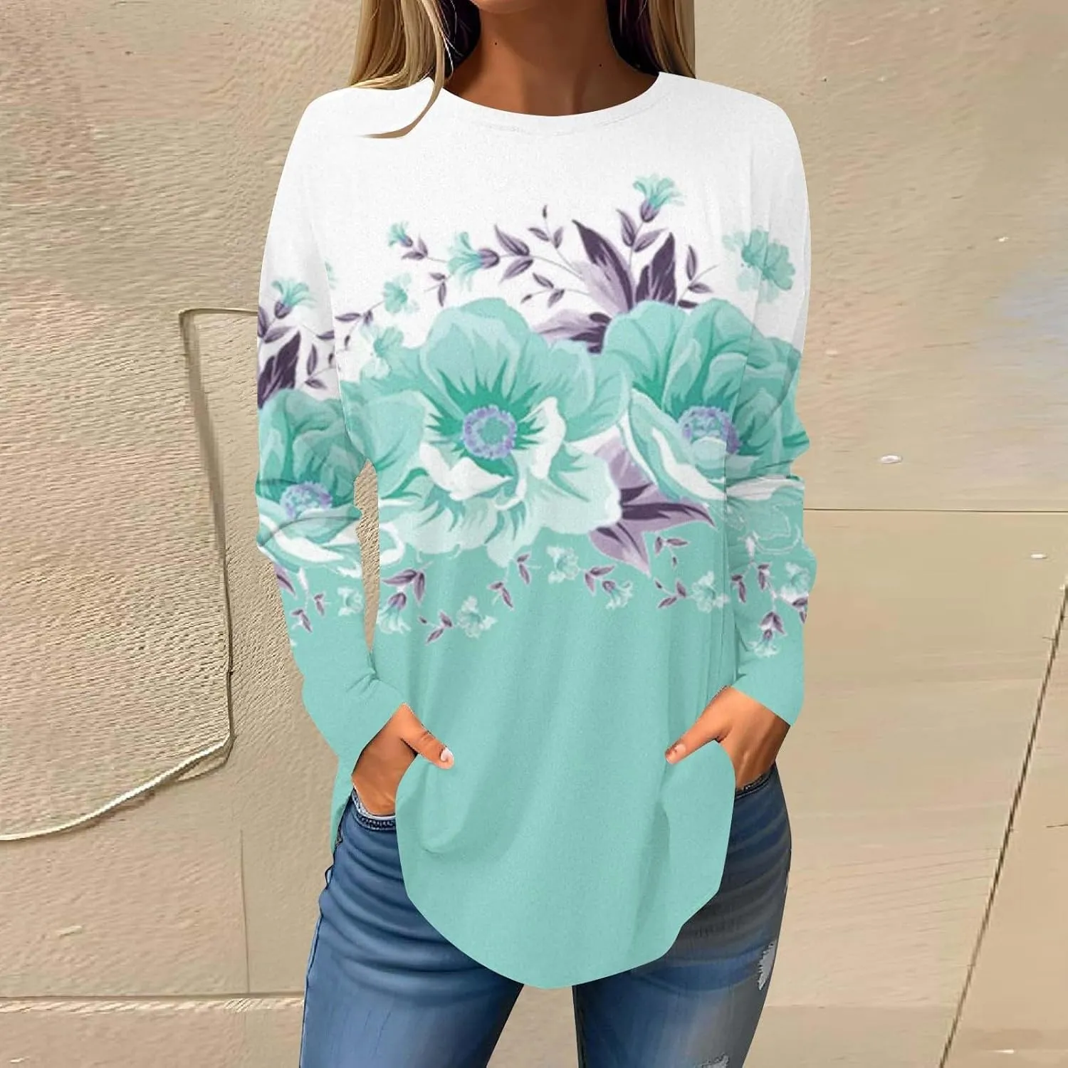 Womens Long Sleeve Tunic Tops Dressy Casual Floral Printed Pullover T Shirt Cute Crewneck Loose Fit Tshirts Blouse