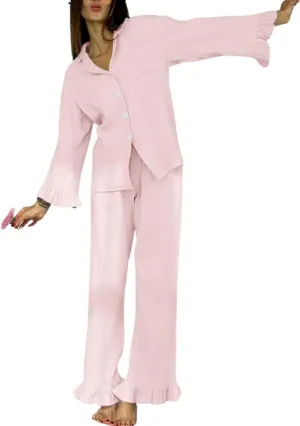 Womens Muslin Pajama Set Cotton Gauze Loungewear 3 Piece Long Sleeve Button Down Sleepwear Ruffle Pj Set