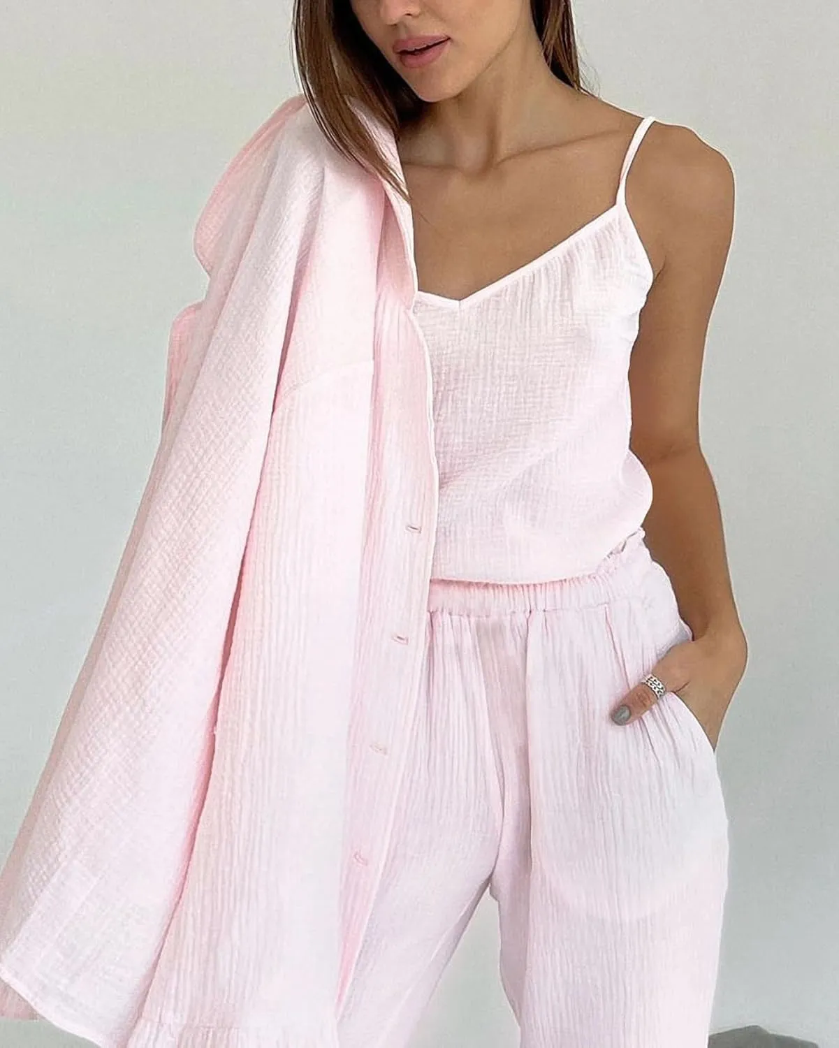 Womens Muslin Pajama Set Cotton Gauze Loungewear 3 Piece Long Sleeve Button Down Sleepwear Ruffle Pj Set