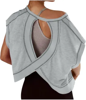 Womens Open Back Workout Tops Crew Beck Short Sleeve Athletic T-Shirt Backless Y2K Crop Top Gym Yoga Tees