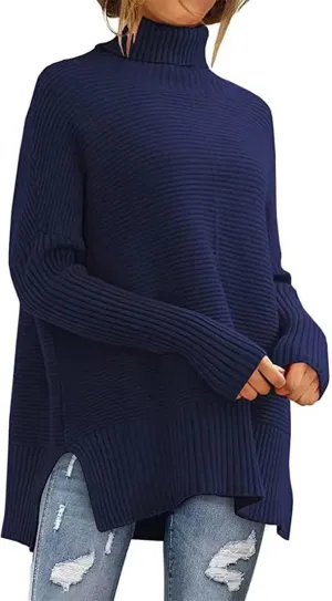 Women's Oversized Turtleneck Sweaters 2023 Fall Winter Batwing Sleeve Solid Color Knitted Ribbed Tunic Sweater Tops