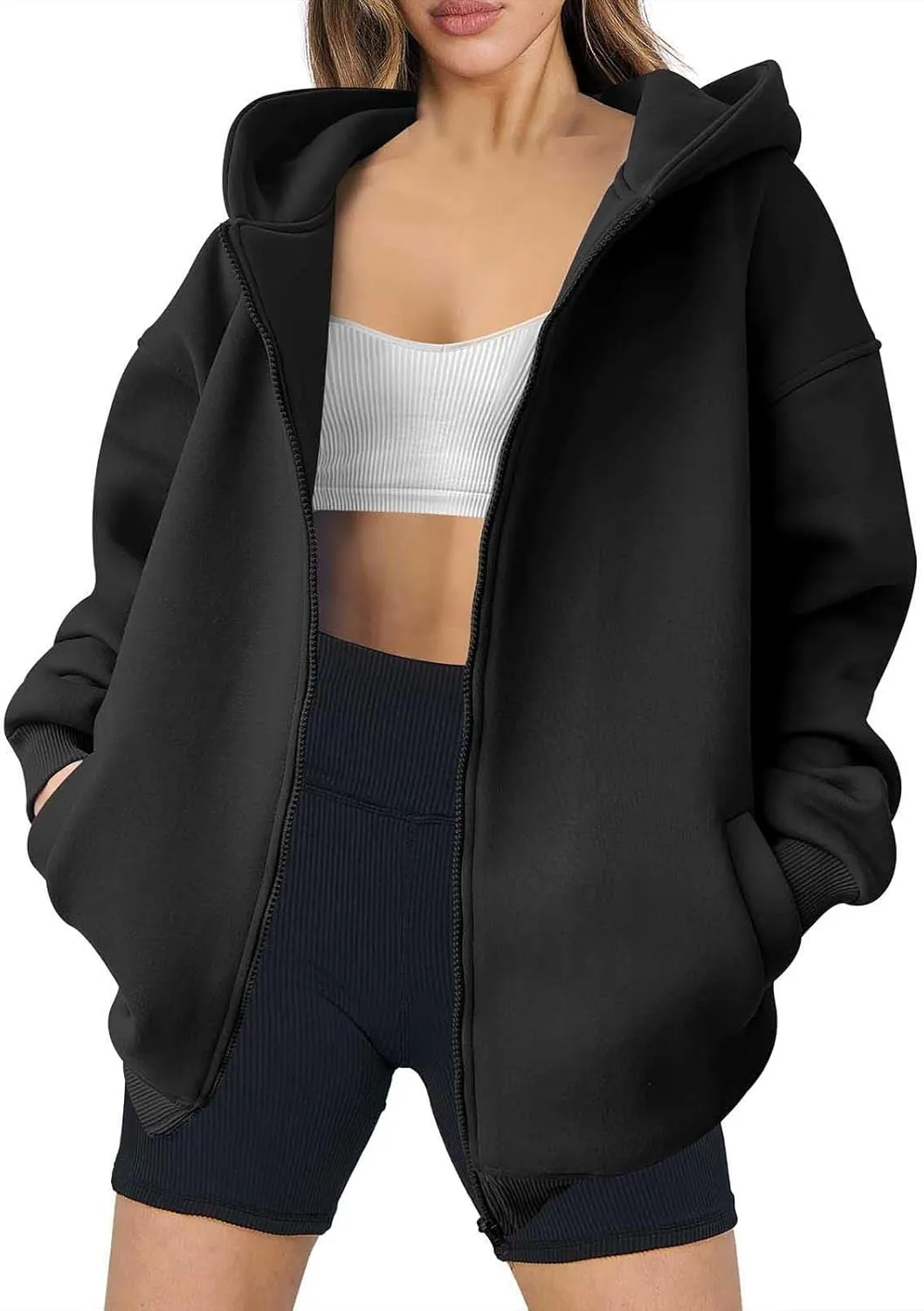 Women's Oversized Zip Up Hoodies Fleece Jacket Casual 2024 Fall Winter Hooded Sweatshirts Drawstring Y2K Hoodie