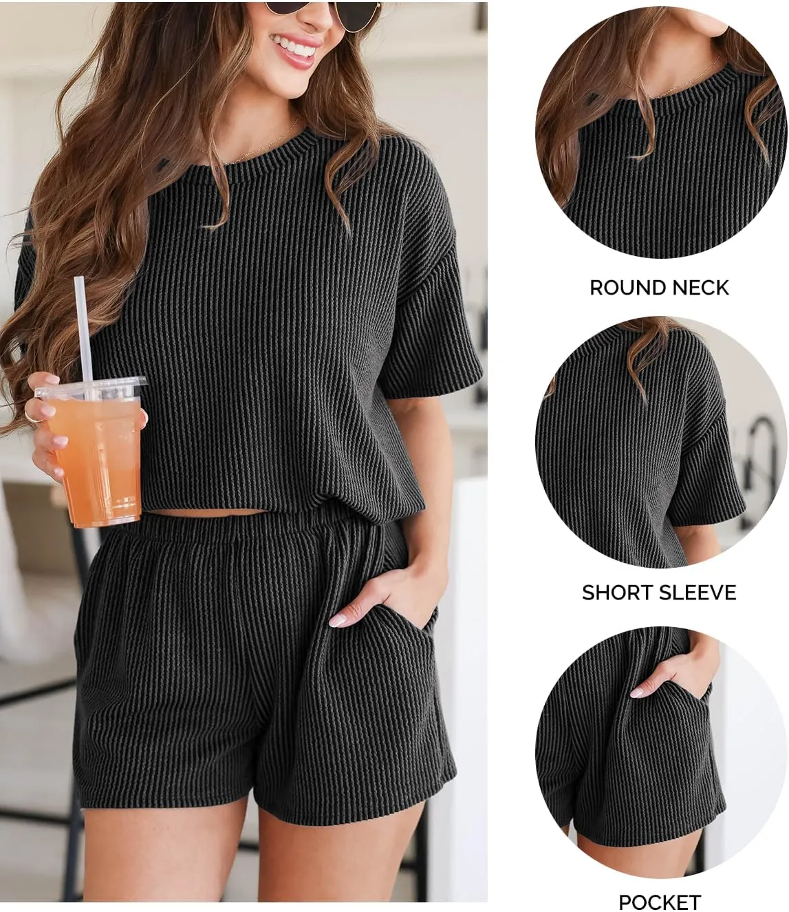 Women's Pajama Set Knit Soft 2 Piece Outfits Short Sleeve Summer Sleepwear Pjs Lounge Sets