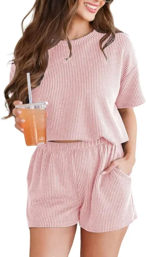 Women's Pajama Set Knit Soft 2 Piece Outfits Short Sleeve Summer Sleepwear Pjs Lounge Sets