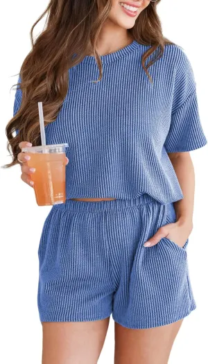 Women's Pajama Set Knit Soft 2 Piece Outfits Short Sleeve Summer Sleepwear Pjs Lounge Sets
