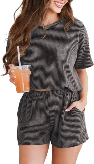 Women's Pajama Set Knit Soft 2 Piece Outfits Short Sleeve Summer Sleepwear Pjs Lounge Sets