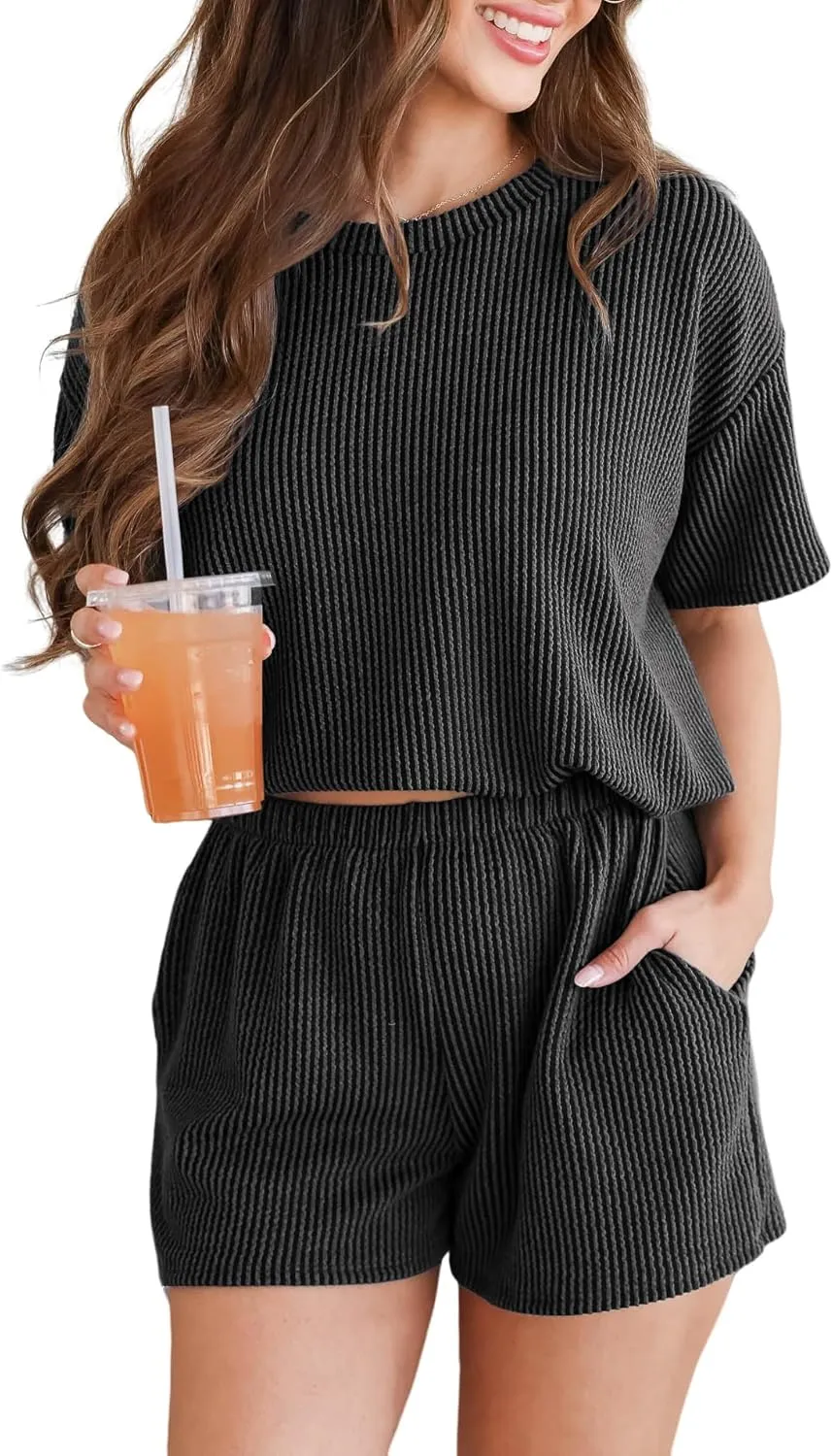 Women's Pajama Set Knit Soft 2 Piece Outfits Short Sleeve Summer Sleepwear Pjs Lounge Sets