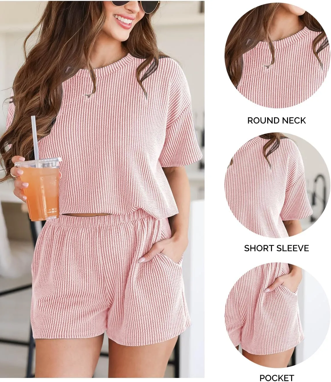 Women's Pajama Set Knit Soft 2 Piece Outfits Short Sleeve Summer Sleepwear Pjs Lounge Sets