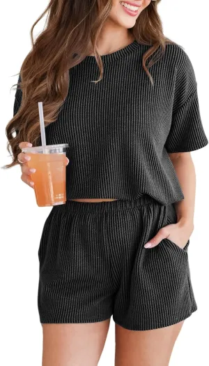 Women's Pajama Set Knit Soft 2 Piece Outfits Short Sleeve Summer Sleepwear Pjs Lounge Sets