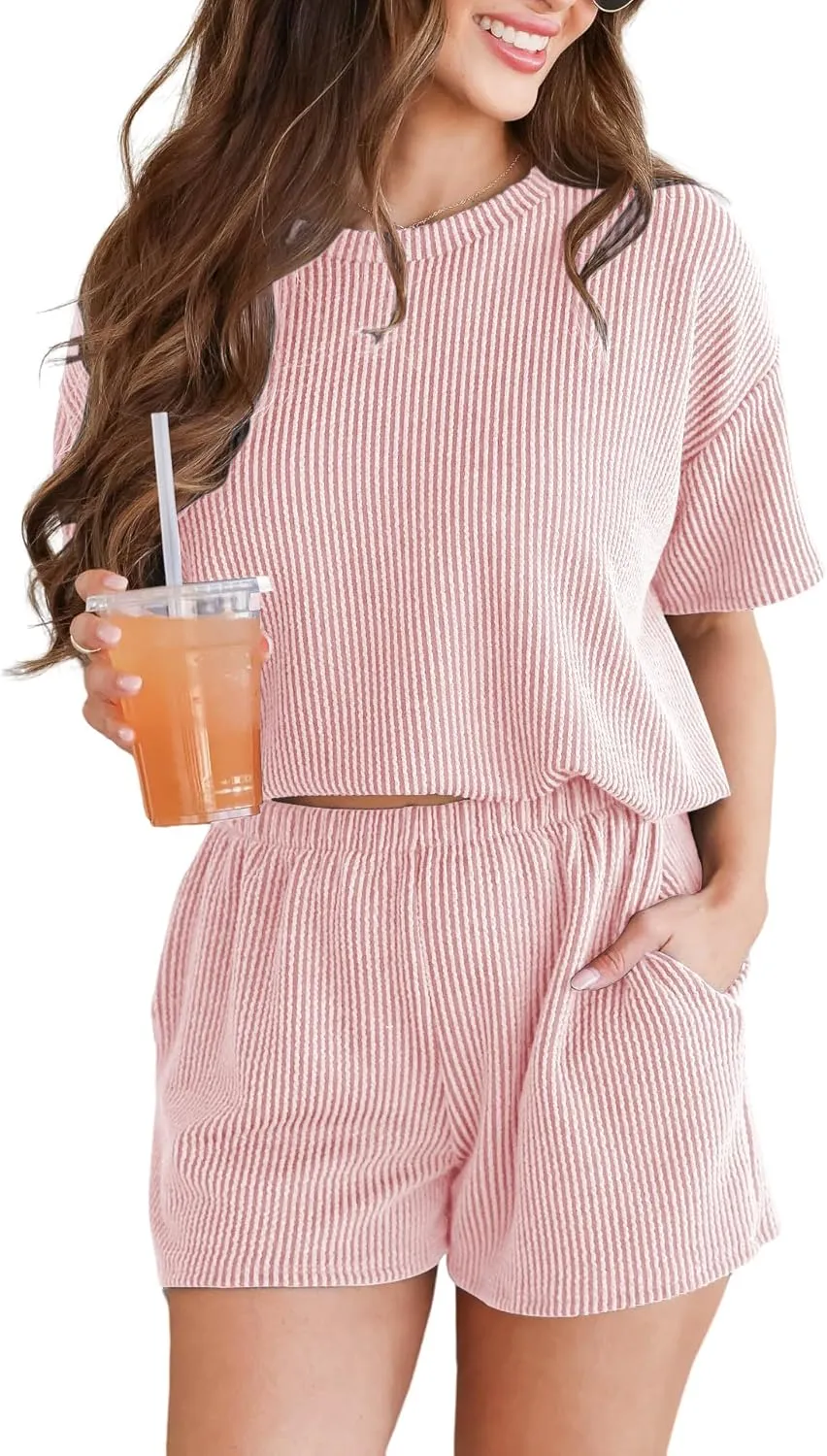 Women's Pajama Set Knit Soft 2 Piece Outfits Short Sleeve Summer Sleepwear Pjs Lounge Sets