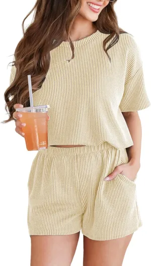 Women's Pajama Set Knit Soft 2 Piece Outfits Short Sleeve Summer Sleepwear Pjs Lounge Sets