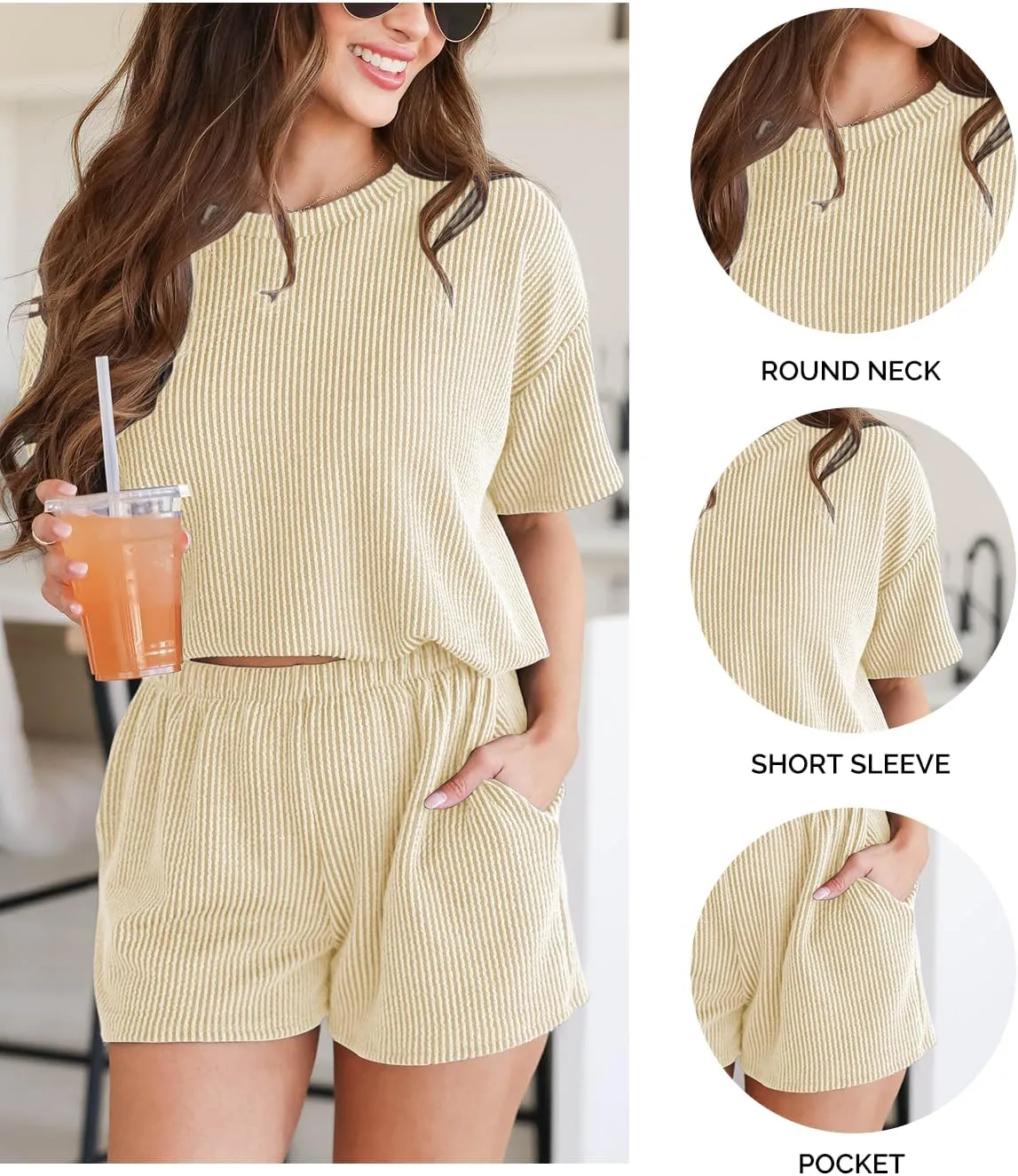 Women's Pajama Set Knit Soft 2 Piece Outfits Short Sleeve Summer Sleepwear Pjs Lounge Sets
