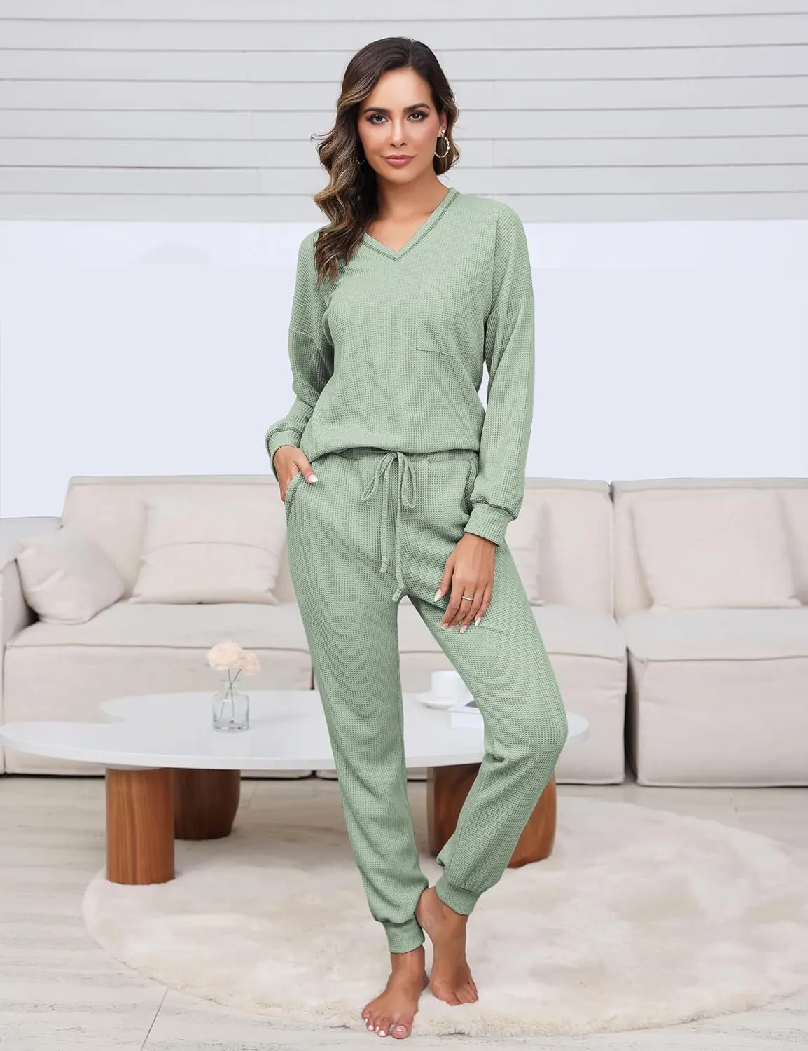 Womens Pajama Sets Waffle Knit 2 Piece Lounge Sets Sleepwear Loungewear Pjs Sets Long Sleeve V Neck Top and Pant Fall