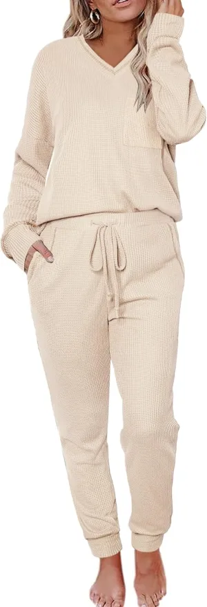 Womens Pajama Sets Waffle Knit 2 Piece Lounge Sets Sleepwear Loungewear Pjs Sets Long Sleeve V Neck Top and Pant Fall