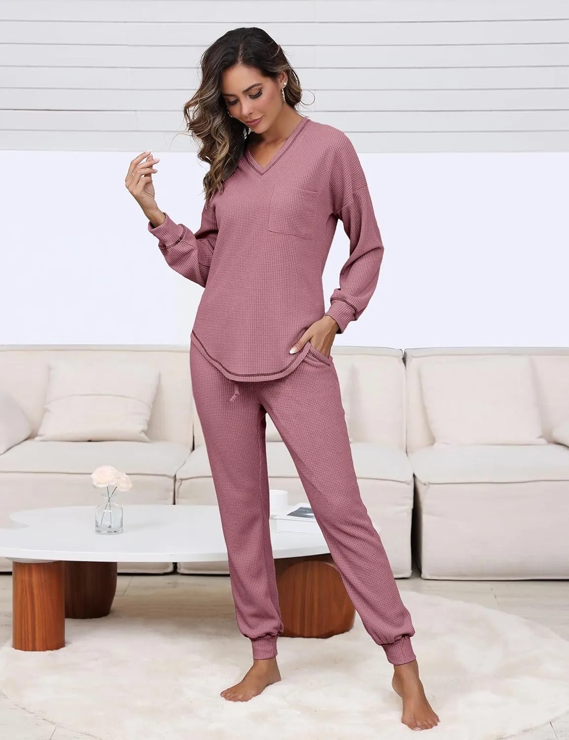 Womens Pajama Sets Waffle Knit 2 Piece Lounge Sets Sleepwear Loungewear Pjs Sets Long Sleeve V Neck Top and Pant Fall