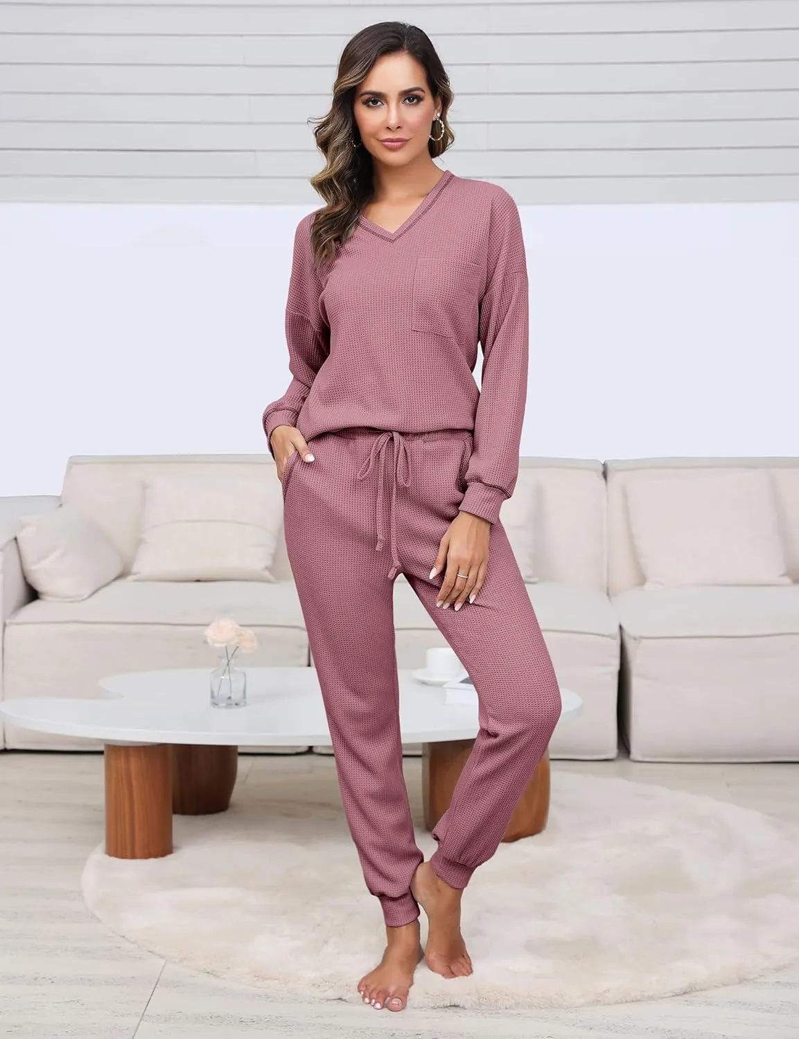 Womens Pajama Sets Waffle Knit 2 Piece Lounge Sets Sleepwear Loungewear Pjs Sets Long Sleeve V Neck Top and Pant Fall