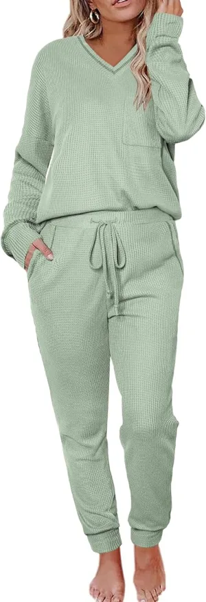 Womens Pajama Sets Waffle Knit 2 Piece Lounge Sets Sleepwear Loungewear Pjs Sets Long Sleeve V Neck Top and Pant Fall