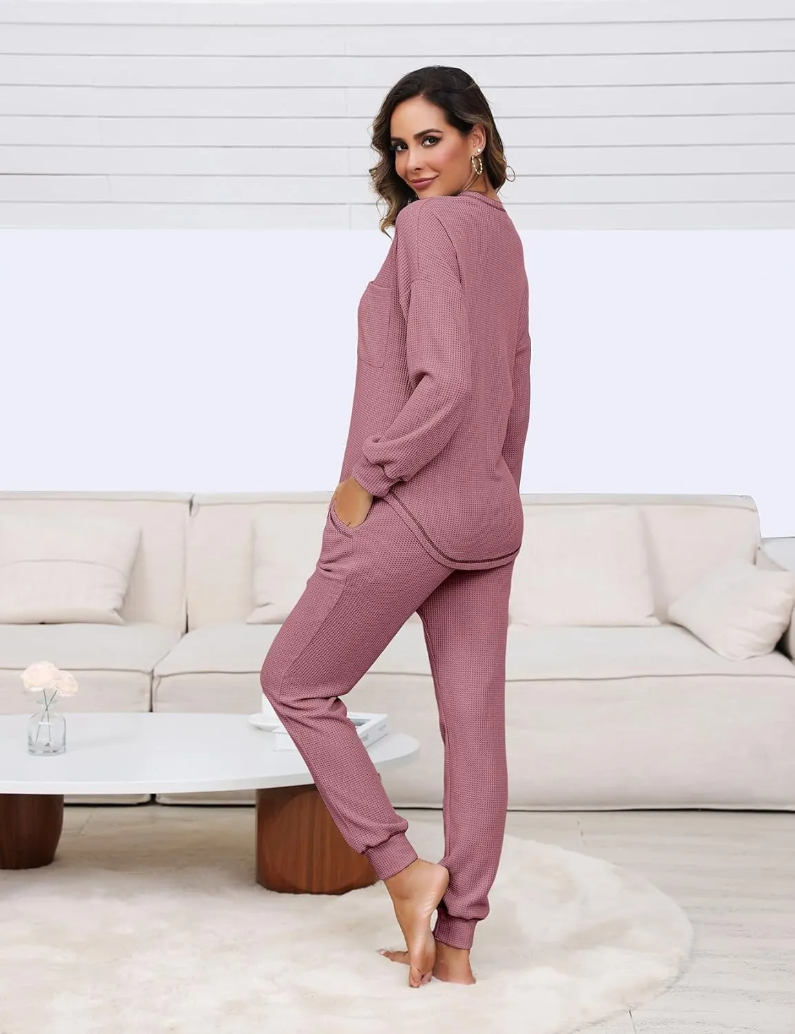 Womens Pajama Sets Waffle Knit 2 Piece Lounge Sets Sleepwear Loungewear Pjs Sets Long Sleeve V Neck Top and Pant Fall