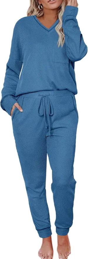Womens Pajama Sets Waffle Knit 2 Piece Lounge Sets Sleepwear Loungewear Pjs Sets Long Sleeve V Neck Top and Pant Fall