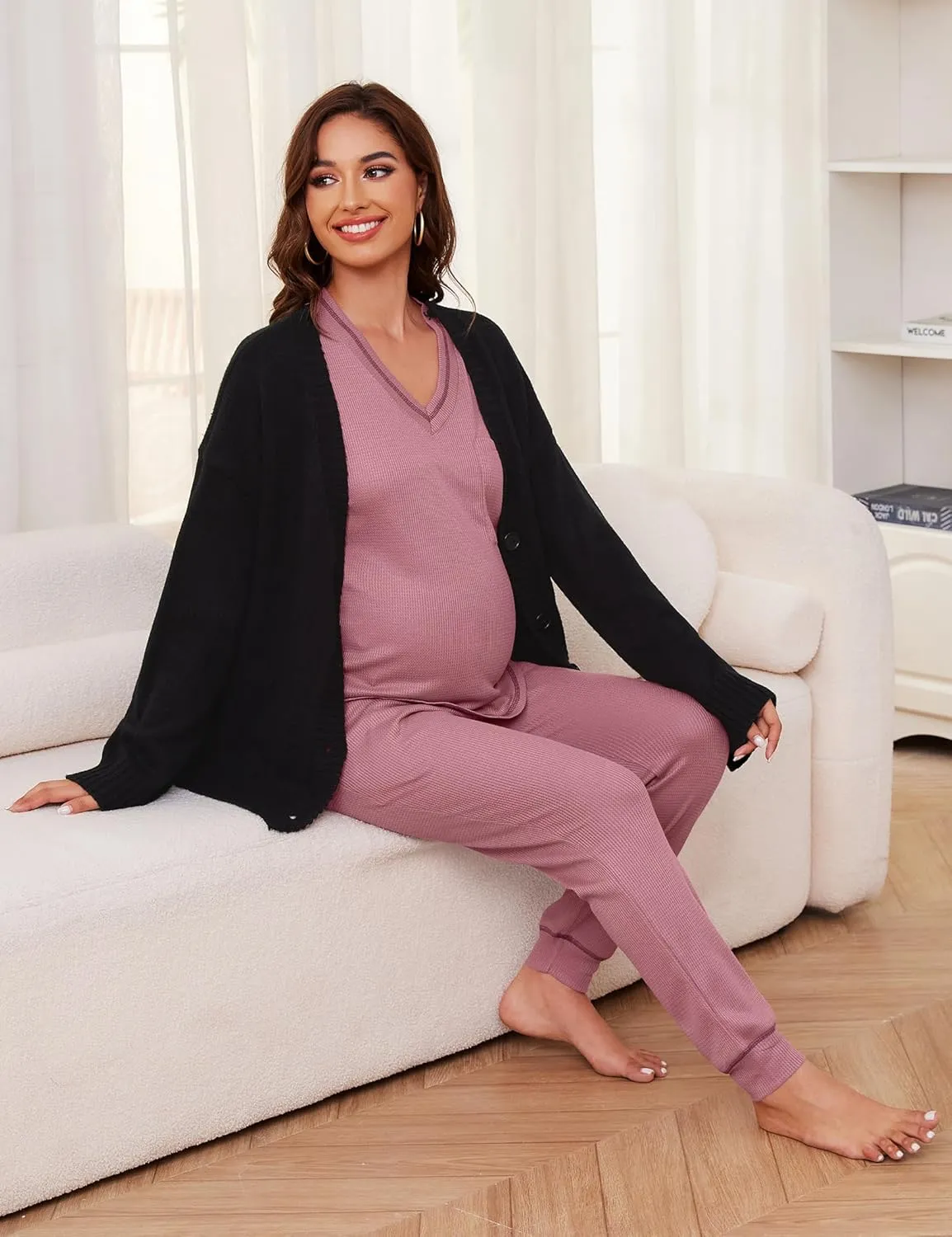 Womens Pajama Sets Waffle Knit 2 Piece Lounge Sets Sleepwear Loungewear Pjs Sets Long Sleeve V Neck Top and Pant Fall