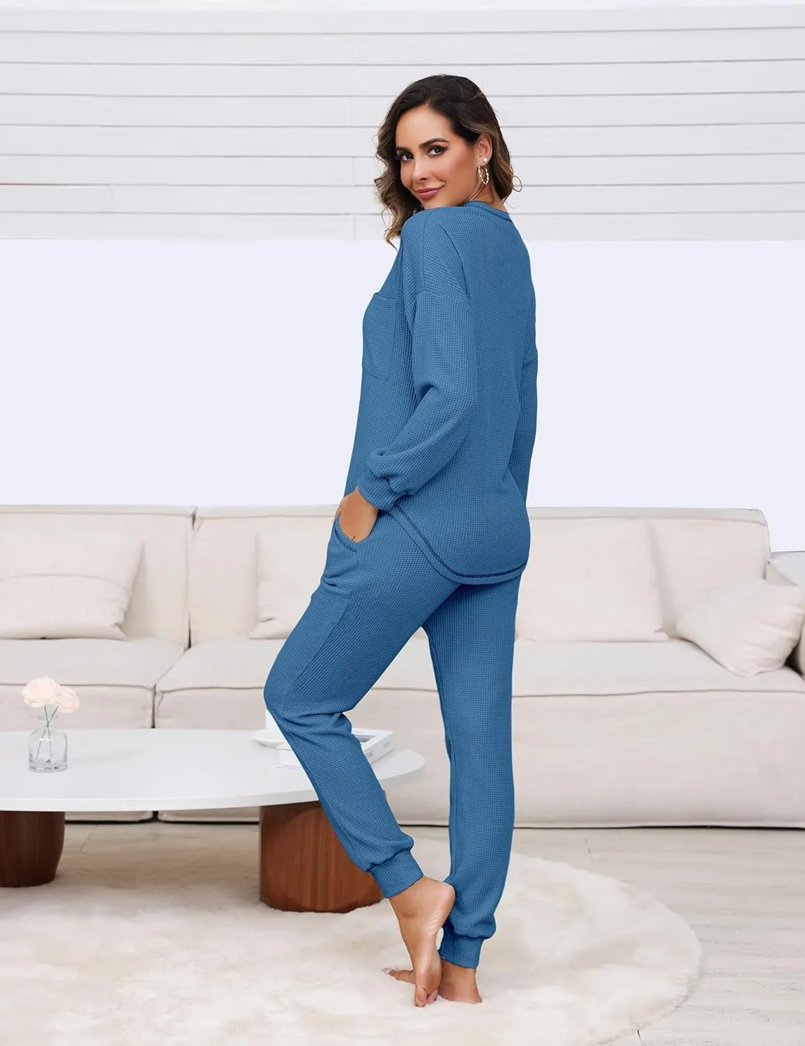 Womens Pajama Sets Waffle Knit 2 Piece Lounge Sets Sleepwear Loungewear Pjs Sets Long Sleeve V Neck Top and Pant Fall