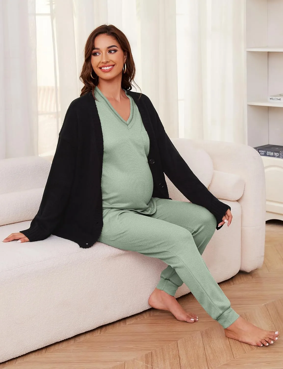 Womens Pajama Sets Waffle Knit 2 Piece Lounge Sets Sleepwear Loungewear Pjs Sets Long Sleeve V Neck Top and Pant Fall