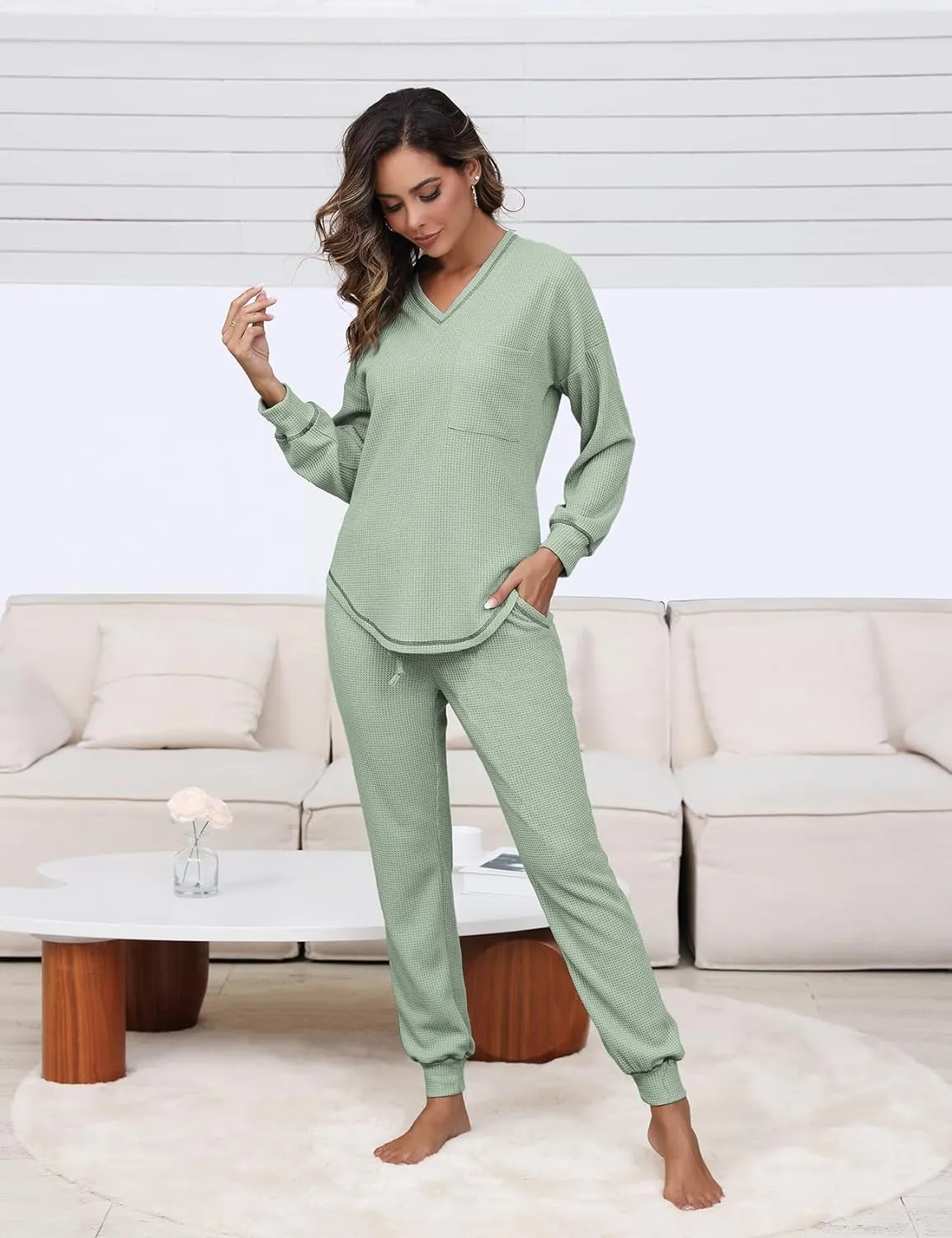 Womens Pajama Sets Waffle Knit 2 Piece Lounge Sets Sleepwear Loungewear Pjs Sets Long Sleeve V Neck Top and Pant Fall