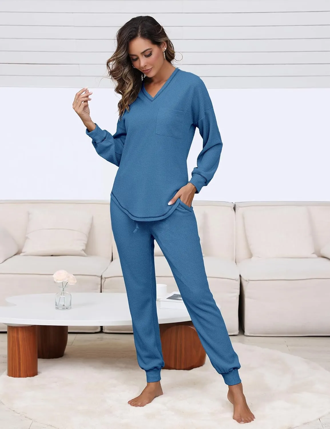 Womens Pajama Sets Waffle Knit 2 Piece Lounge Sets Sleepwear Loungewear Pjs Sets Long Sleeve V Neck Top and Pant Fall