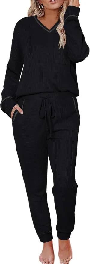 Womens Pajama Sets Waffle Knit 2 Piece Lounge Sets Sleepwear Loungewear Pjs Sets Long Sleeve V Neck Top and Pant Fall
